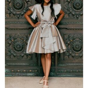 Joyfolie Metallic Silver Bow-Front Mini Dress